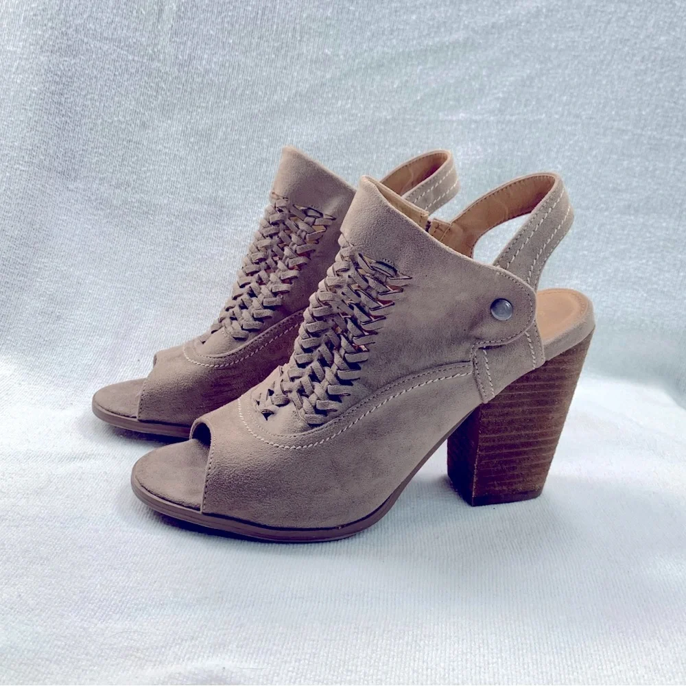 Alter’d State Mio Woven Open Toe Slip-On Sling Back Chunky Heels Taupe Size 8.5 - Picture 1 of 15